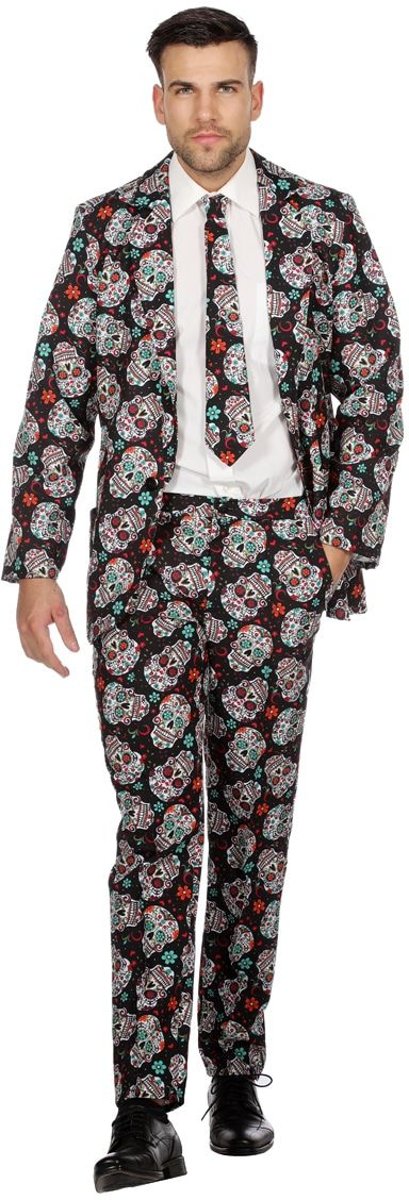 Spaans & Mexicaans Kostuum | Pak Vol Doodshoofden Mexico | Man | Maat 48 | Halloween | Verkleedkleding